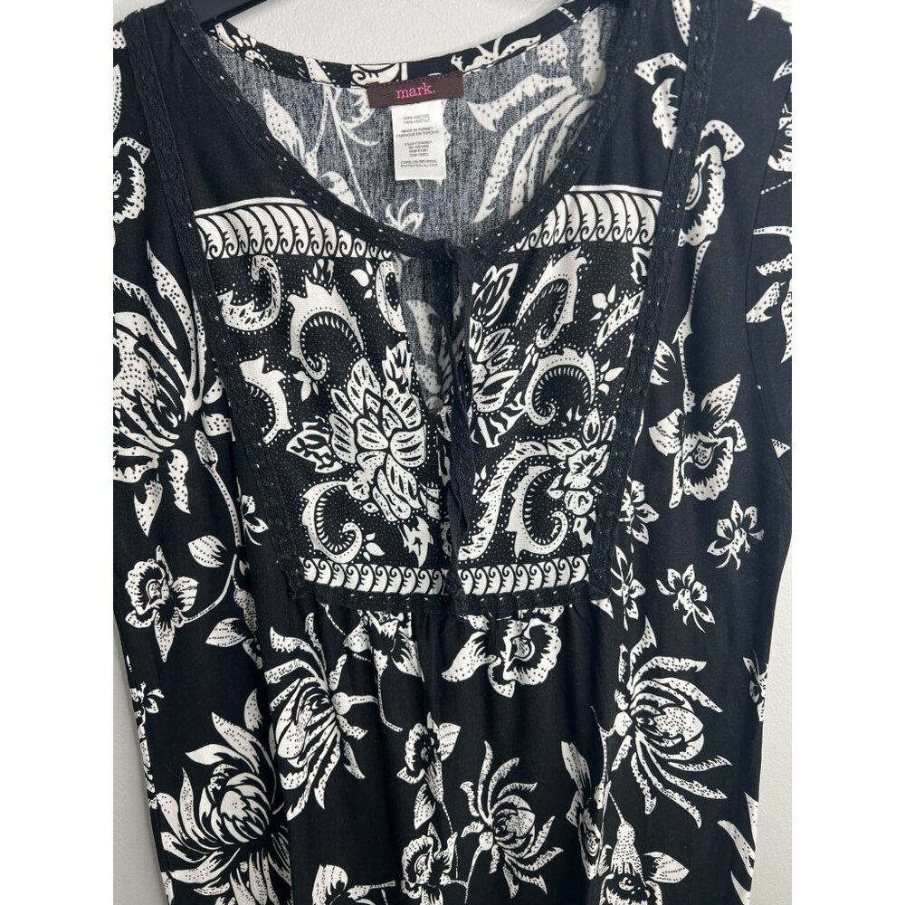 Mark Womens Black & White Floral Print Summer V-Neck Dress Knee-Length Large - Picture 6 of 13